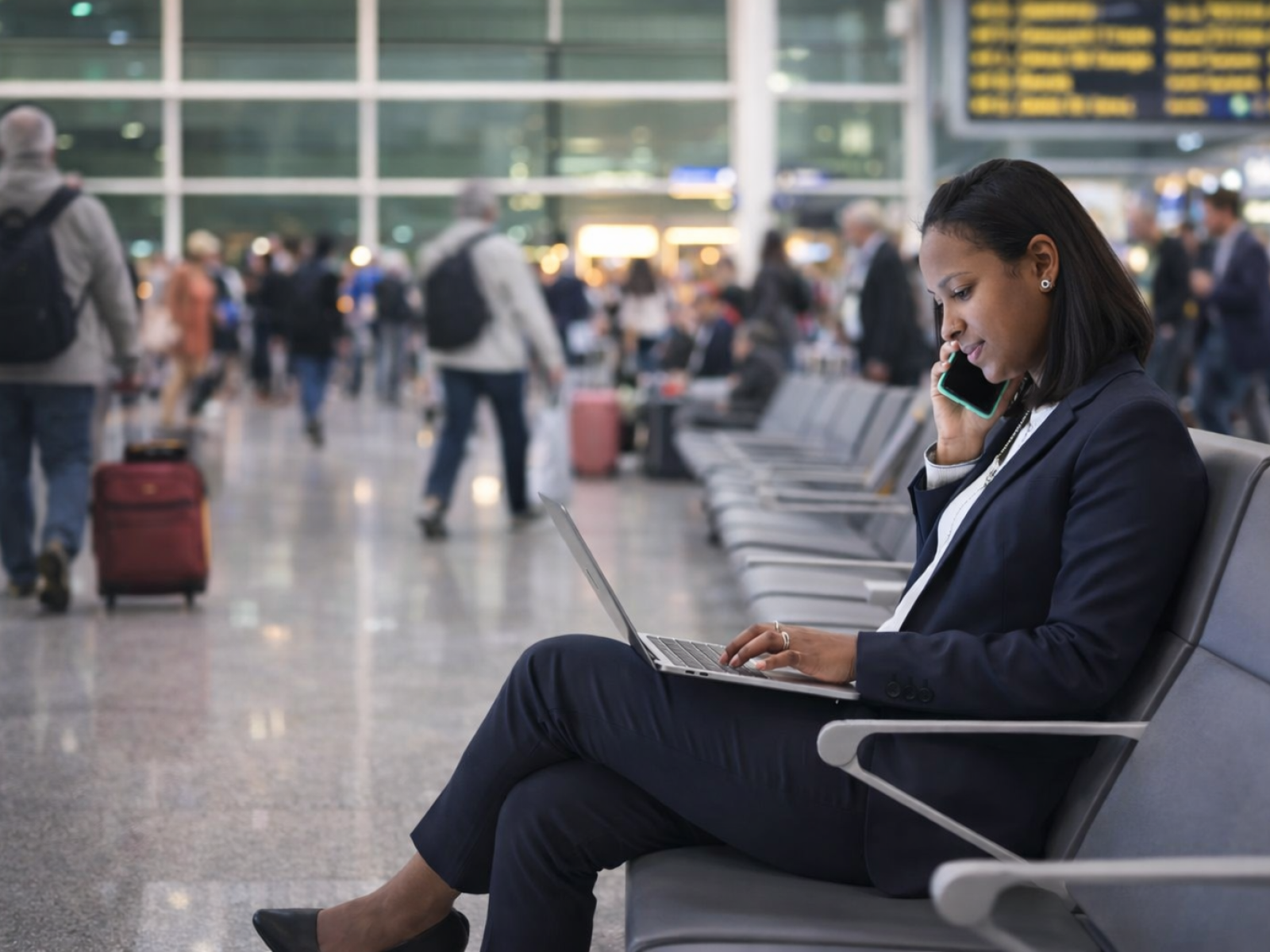 Woman at airport laptop phone